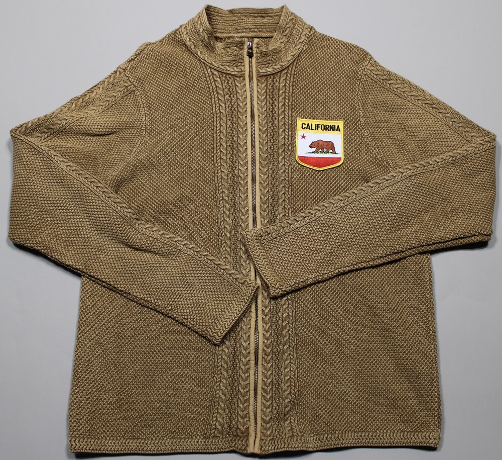 Carbon2cobalt Sweater Mens Large Brown Full Zip Mock Neck California Flag Patch